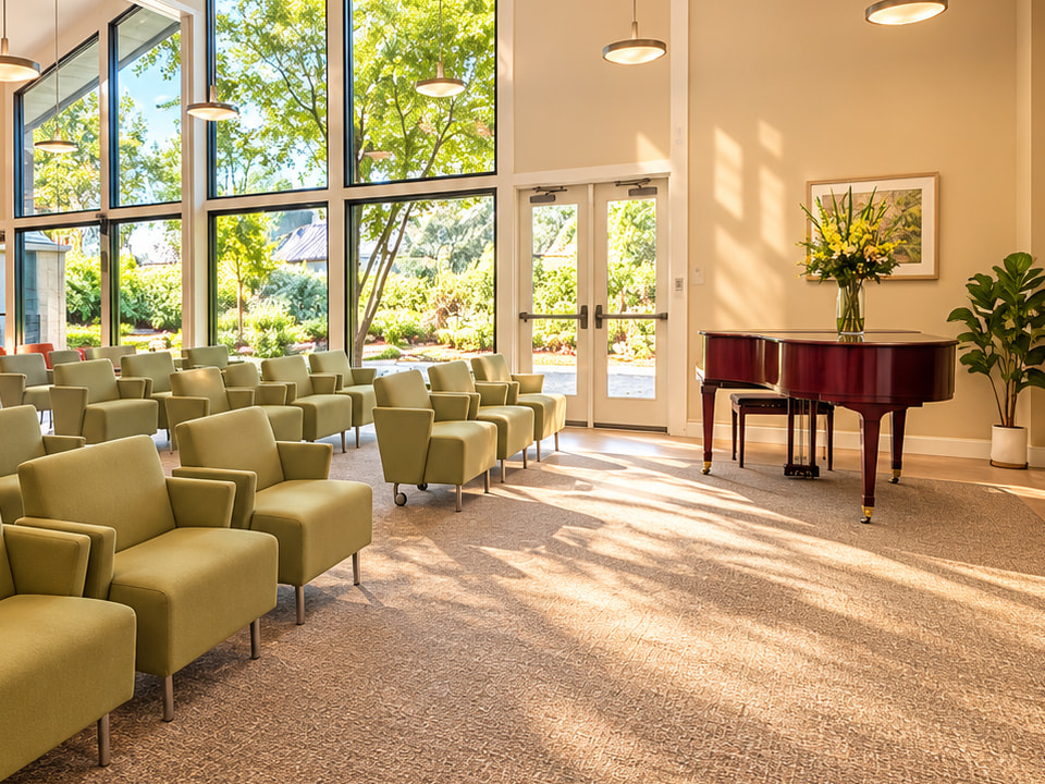 Piano and seating beside tall windows at BridgePoint at Los Altos.