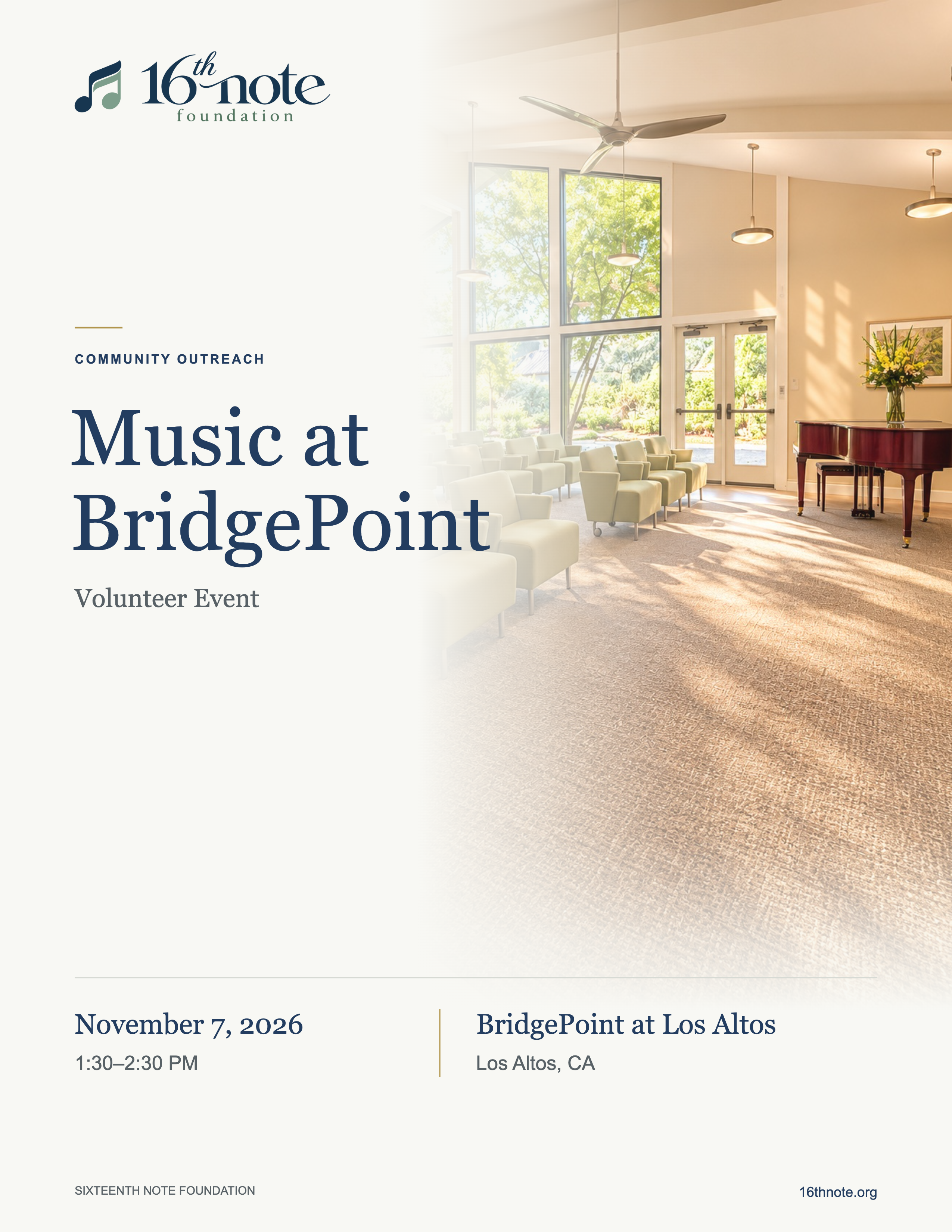 Music at BridgePoint volunteer event poster, November 7, 2026.