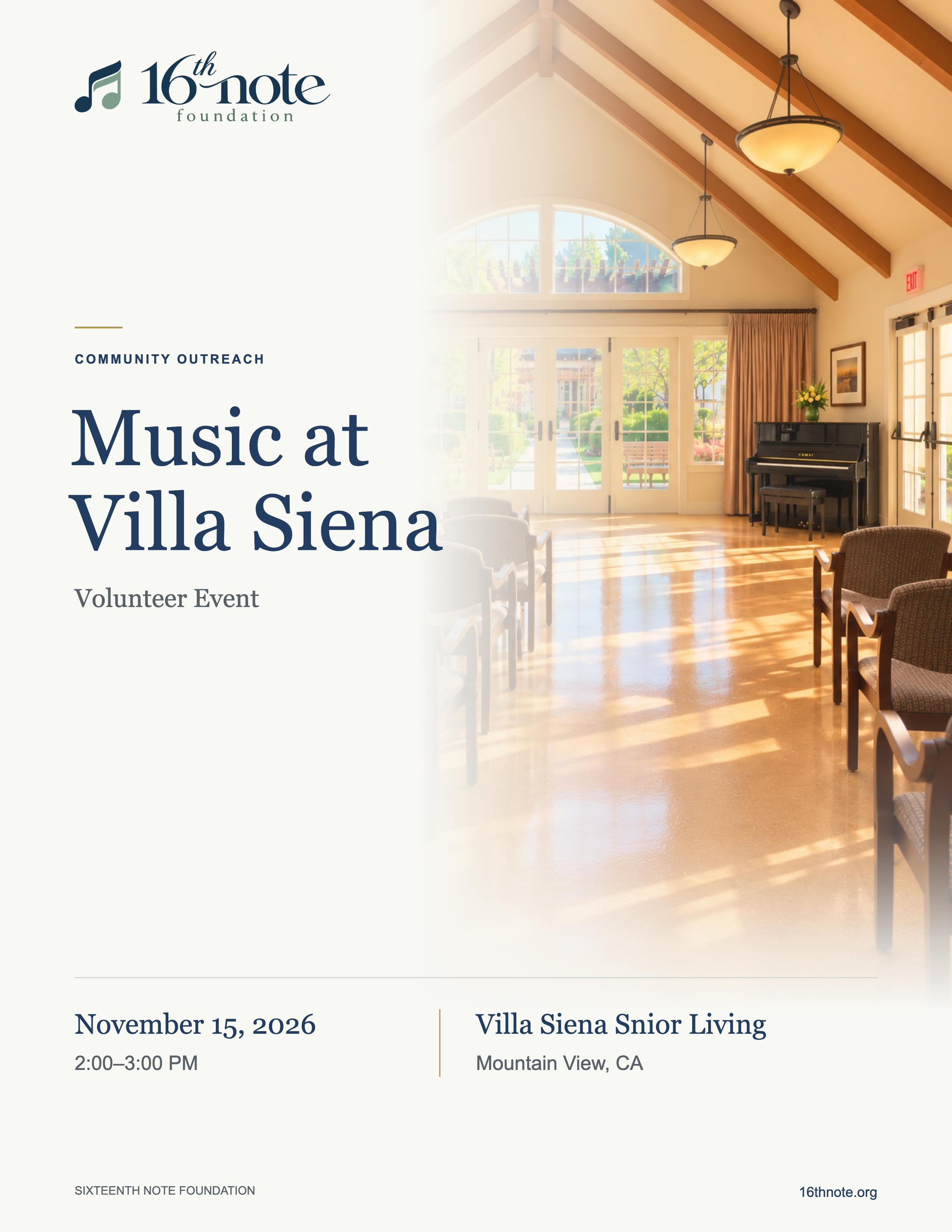Music at Villa Siena volunteer event poster, November 15, 2026.